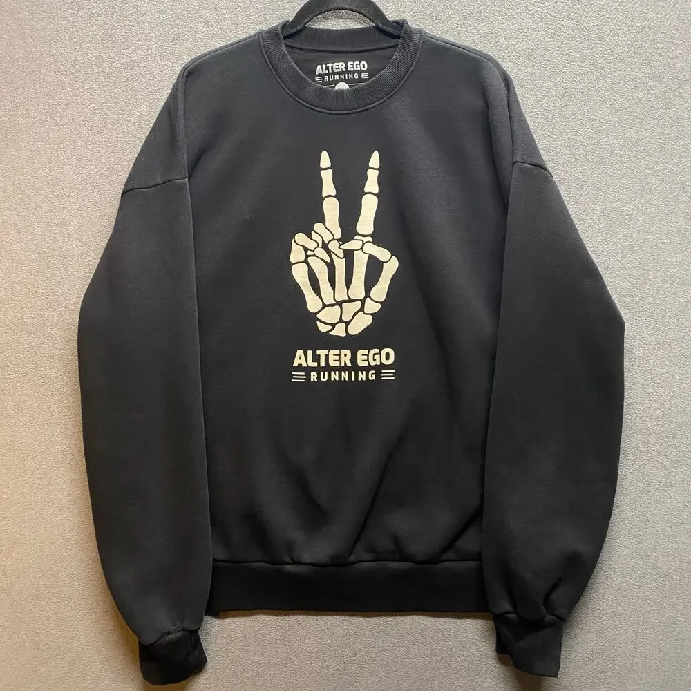 Alter Ego Running Peace Skeleton Crew Neck Pullover‎ Sweatshirt Mens XL Black